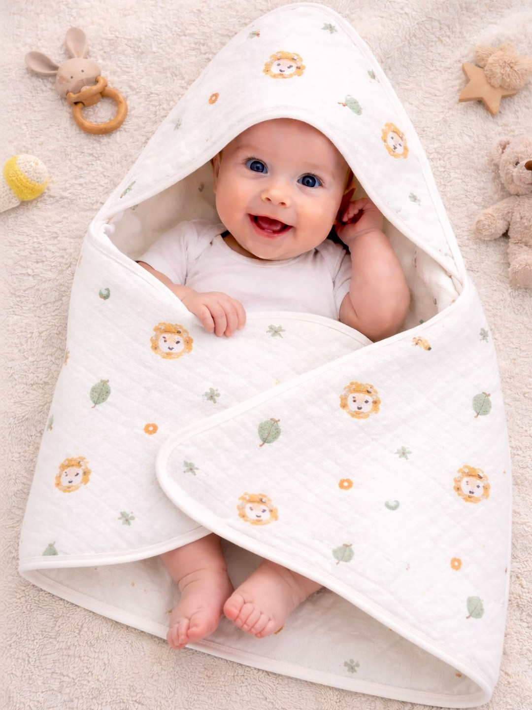 Teri Beri Beige White Baby Knitted Organic Cotton Hooded Bath Towel