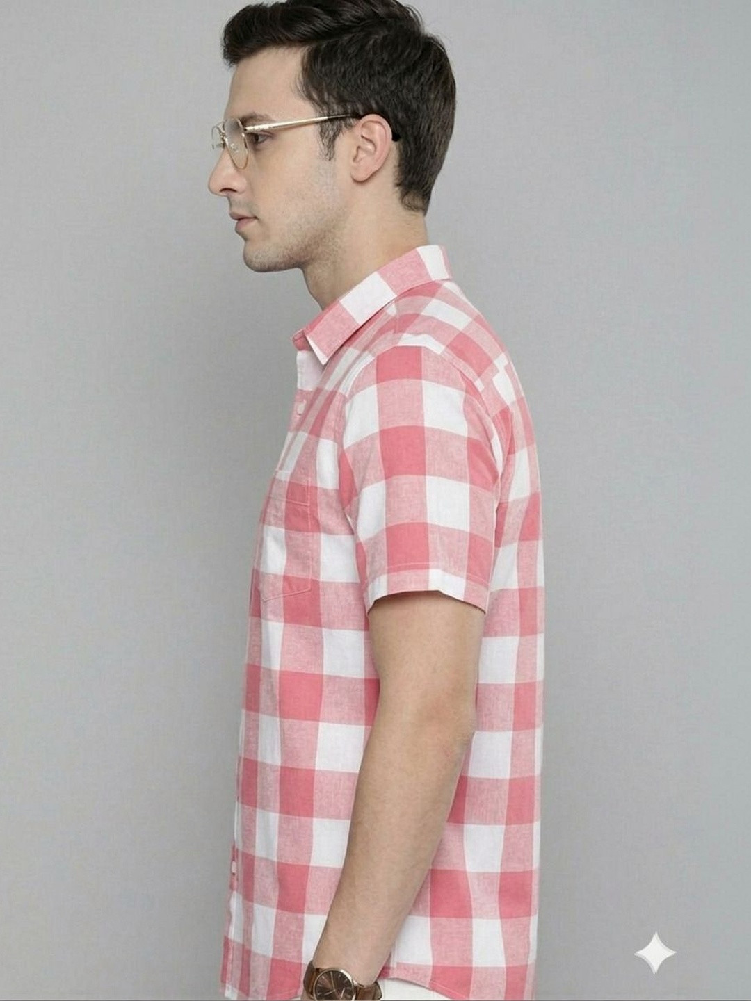 TIGER SNAKE Men Gingham Checked Spread Collar Cotton Short Sleeves Shirt