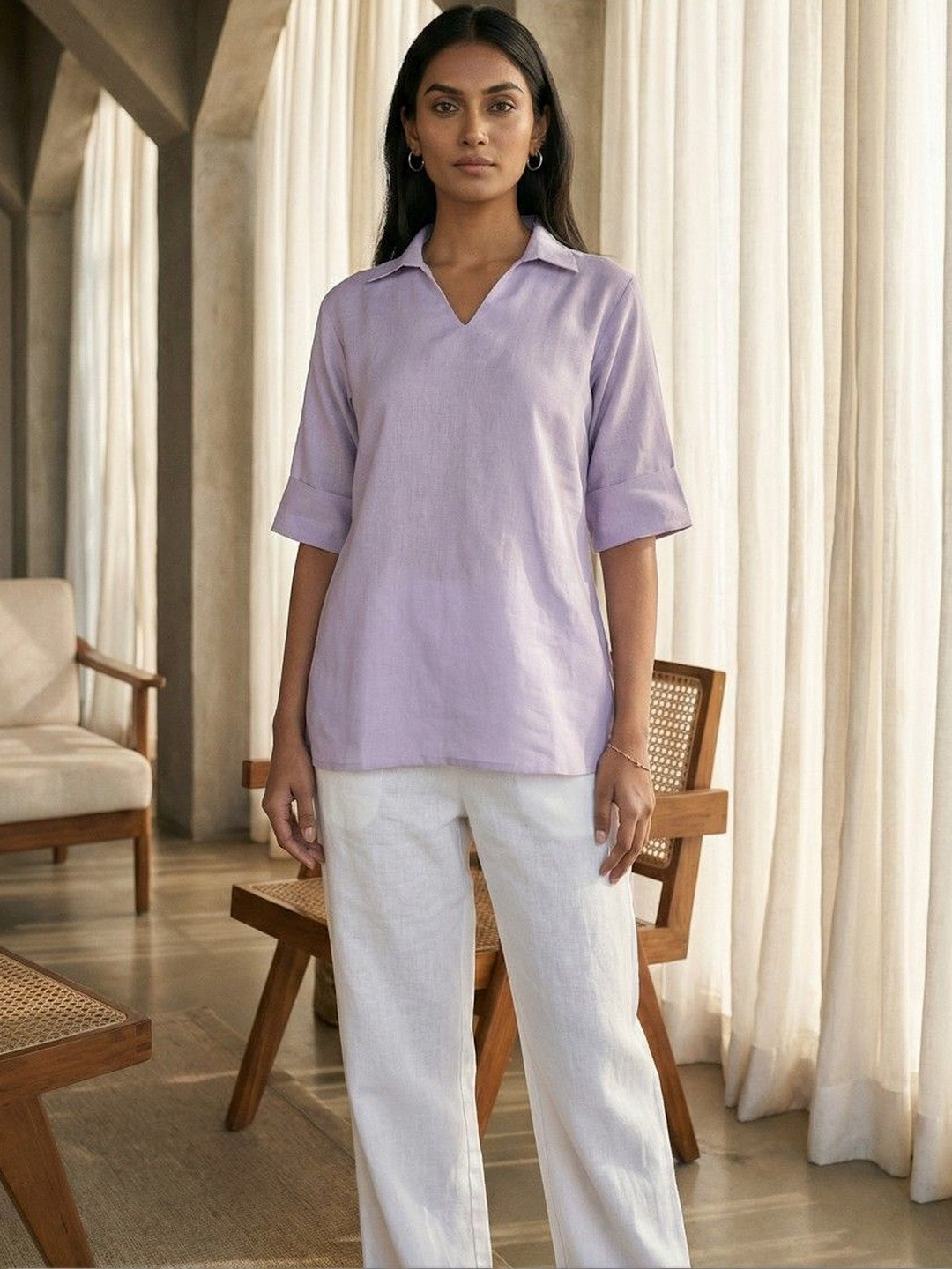dhaaga Roll-Up Sleeves Linen Top
