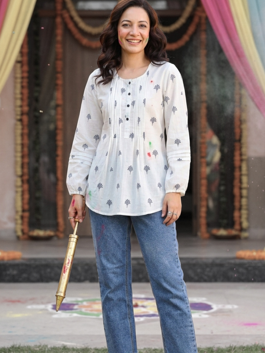 Rain & Rainbow Women Floral Embroidered Round Neck Puff Sleeves Cotton Top