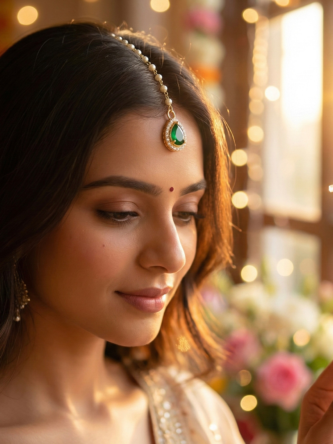 KYOOT JEWELS Gold-Plated Artificial Stones and Beads Studded Maang Tikka Head Jewellery