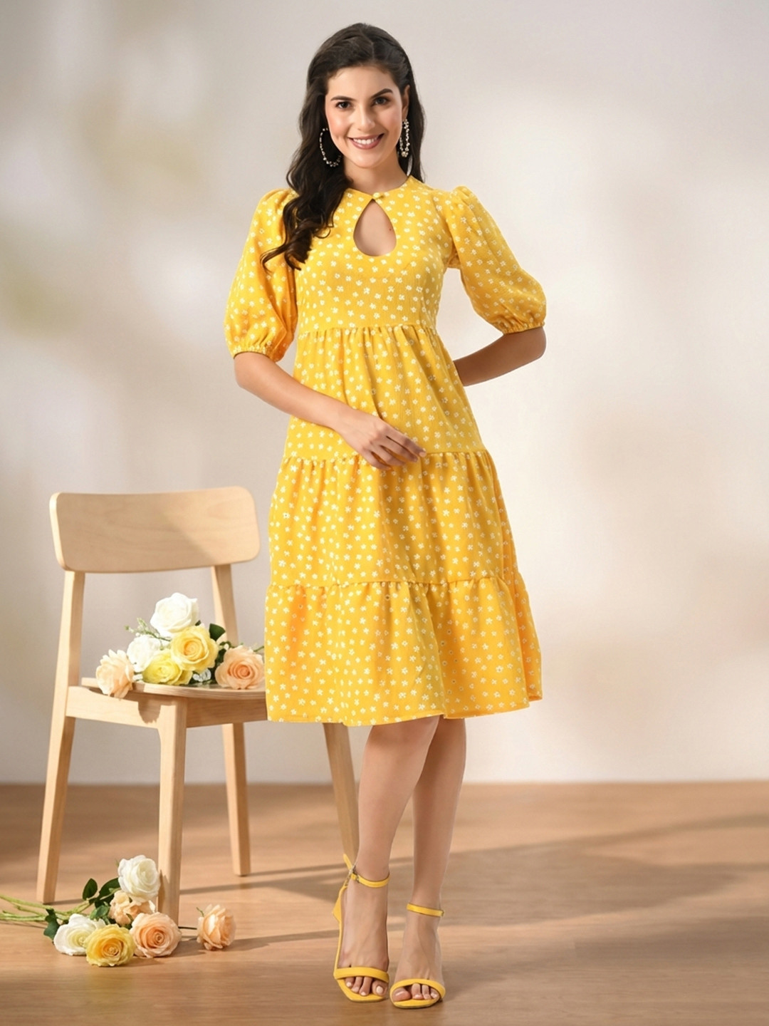 Hencemade Ethnic Motifs Printed A-line Keyhole Neck Empire Dress