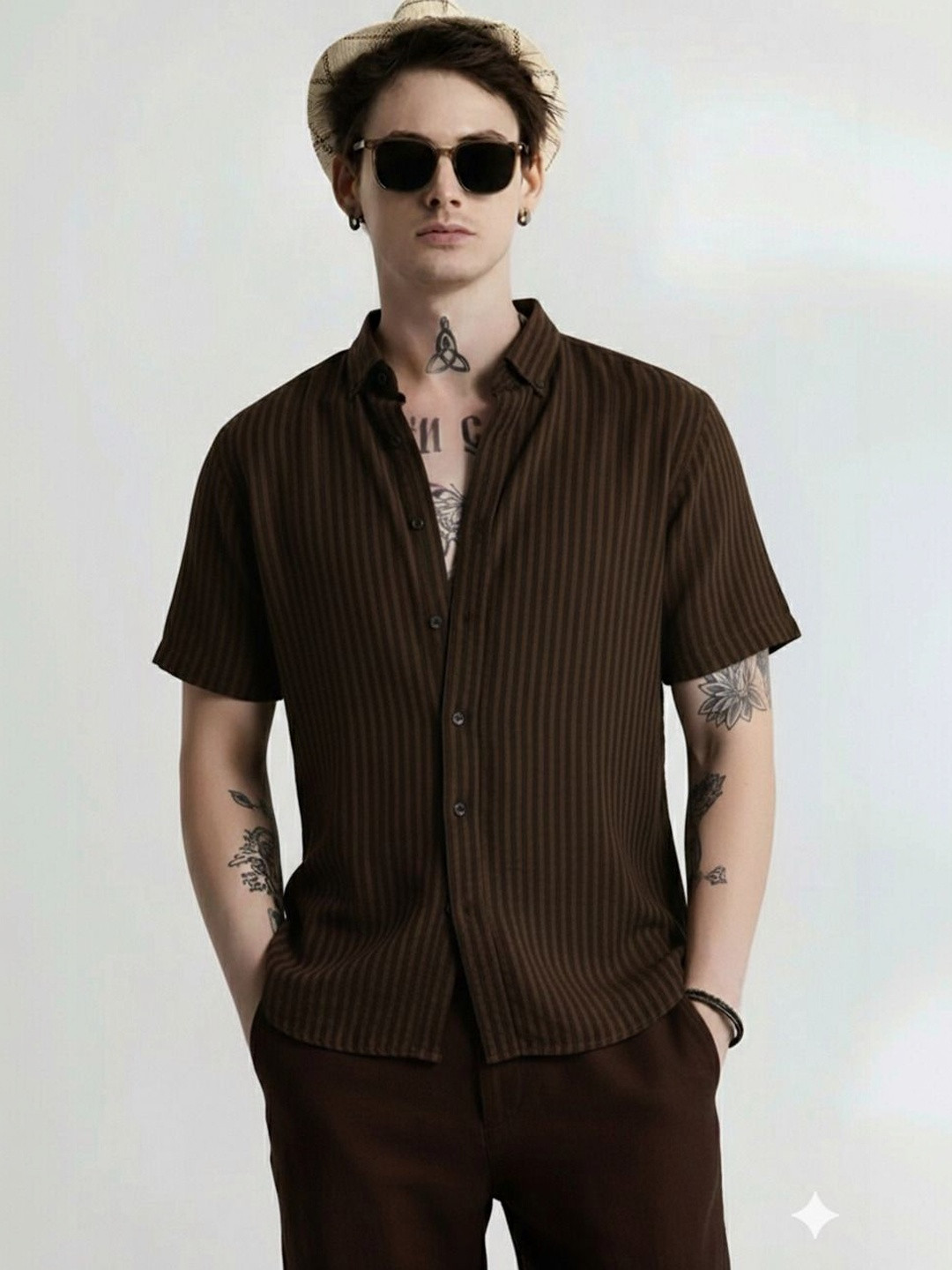 TIGER SNAKE Men Striped Spread Collar Cotton Short Sleeves Shirt