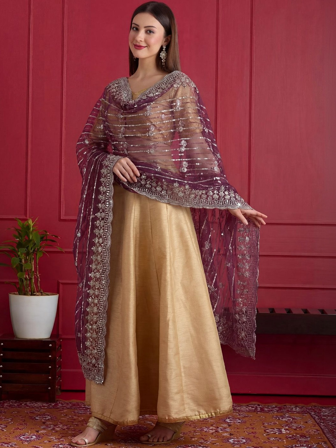 KALINI Net Sequin Embroidered Dupatta