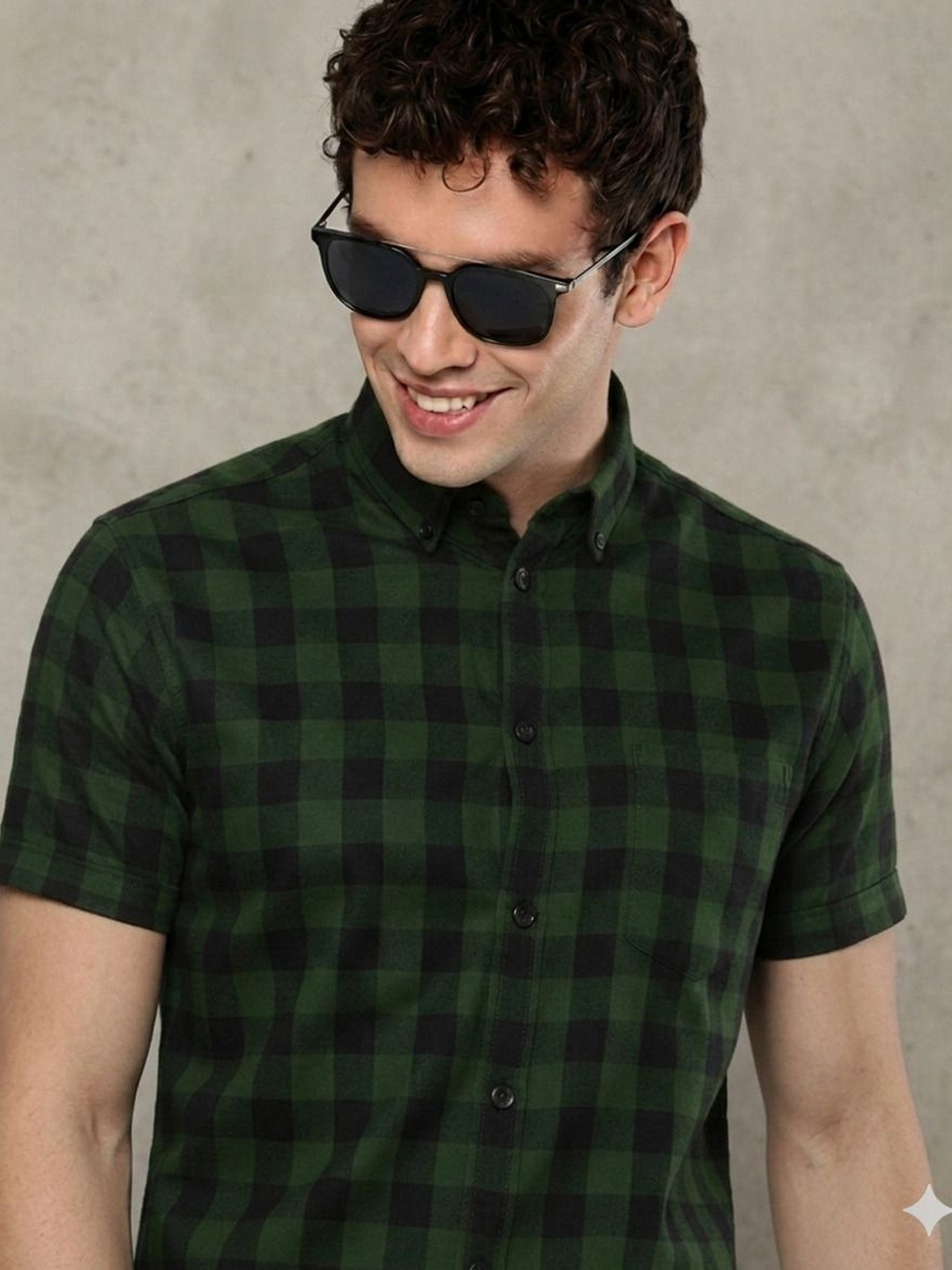 TIGER SNAKE Men Checked Button-Down Collar Short Sleeves Shirt