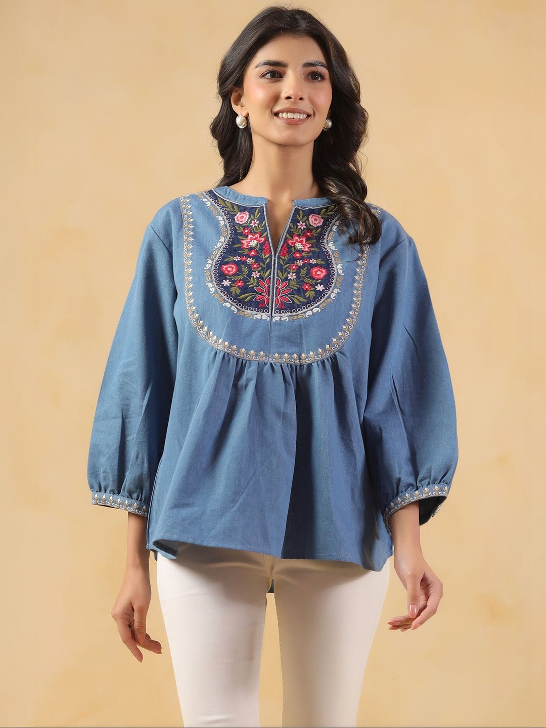 SAVI Floral Embroidered V-Neck Three-Quarter Sleeves Top