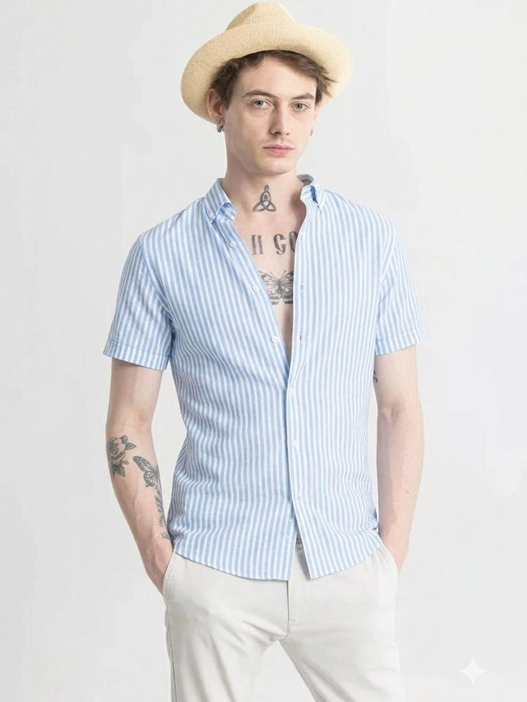 TIGER SNAKE Men Striped Button-Down Collar Short Sleeves Shirt