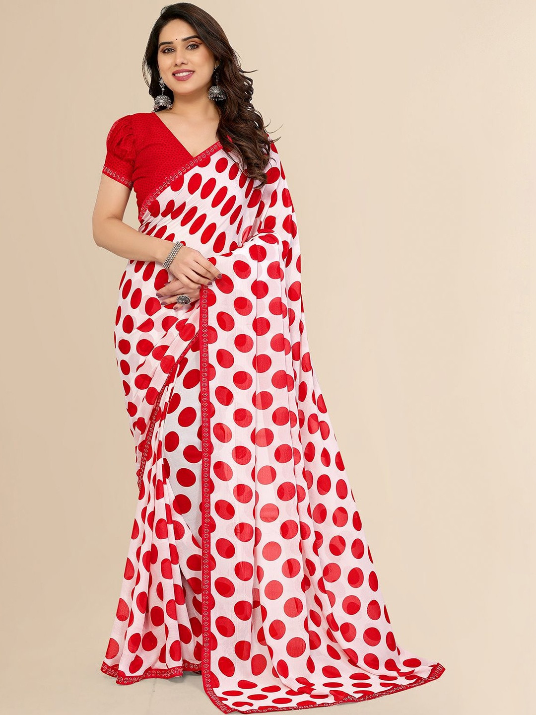 ANAND SAREES Embellished Polka Print Bollywood Georgette Lace Bordered Sarees