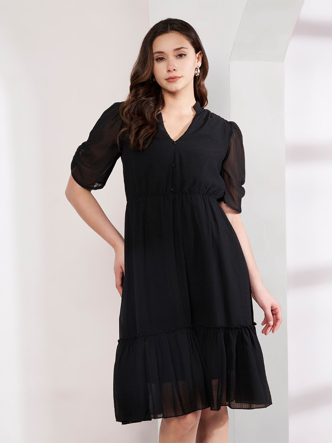 Justin Whyte V Neck Puff Sleeve Empire Tiered Dress