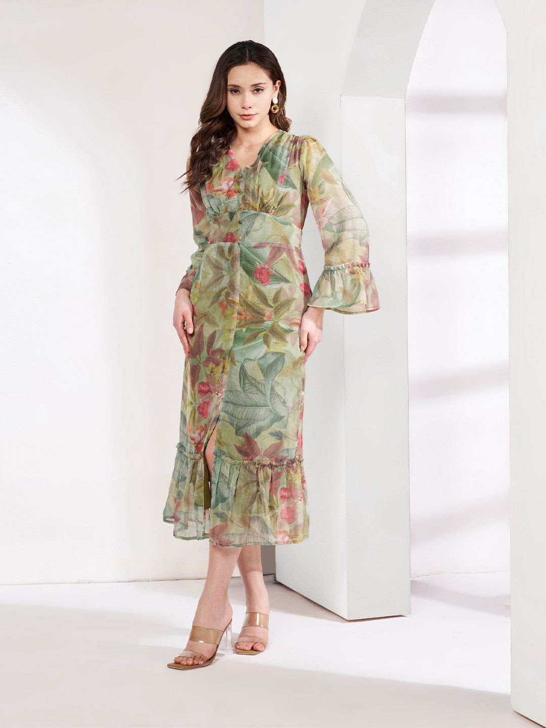 Justin Whyte Women Floral Print Puff Sleeve Chiffon Sheath Midi Dress