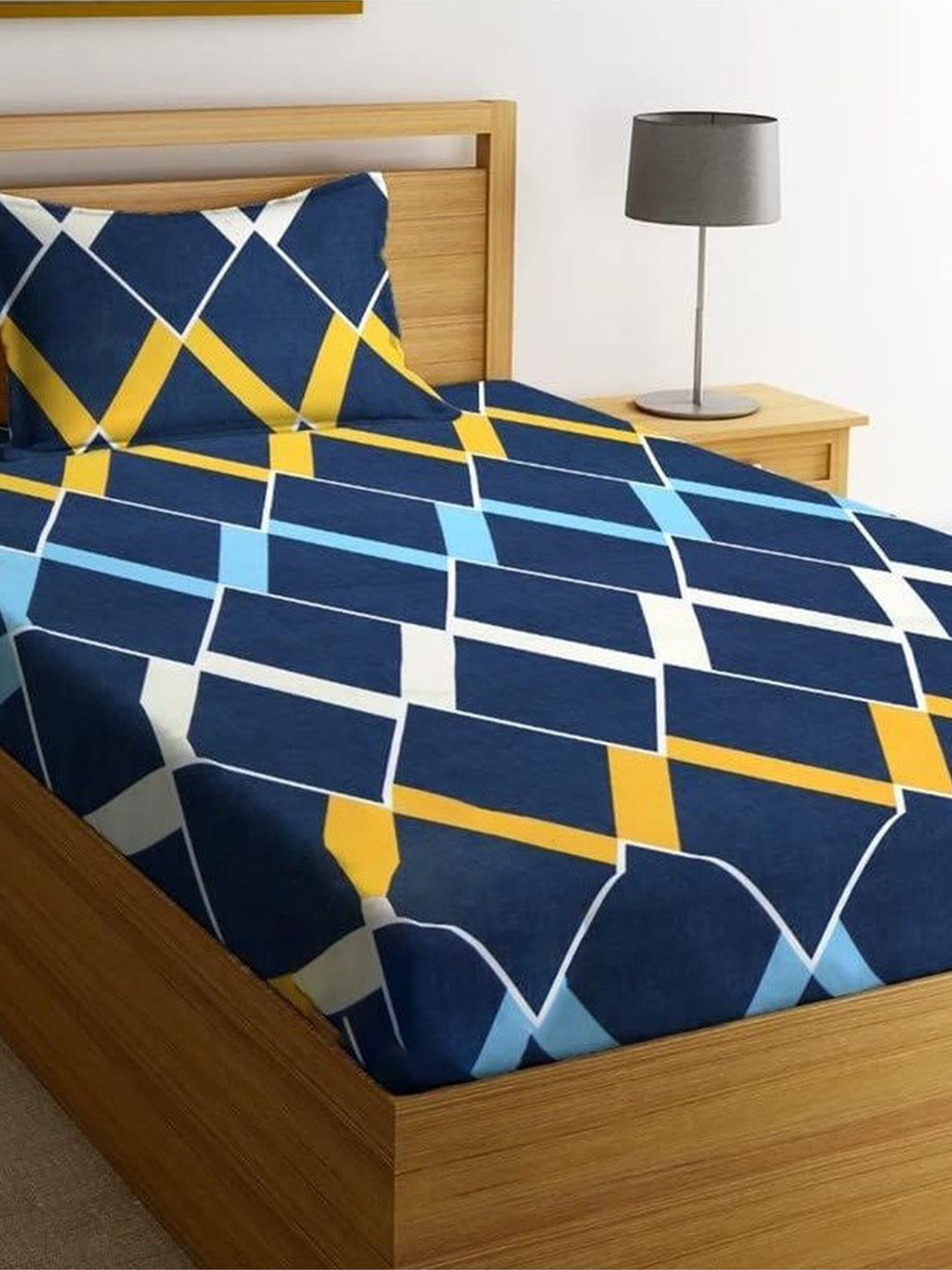 Homybees Navy Blue 220 TC Checked Single Bedsheet with 1 Pillow Cover