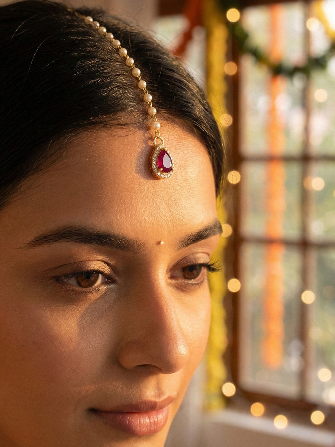 KYOOT JEWELS Gold-Plated Artificial Stones and Beads Studded Maang Tikka Head Jewellery