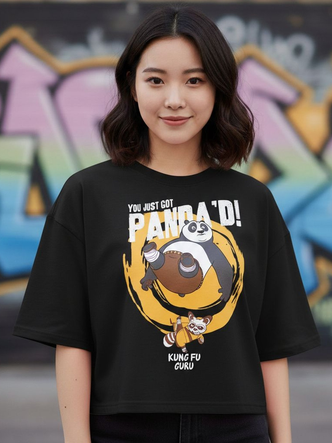 UG Fashion Women Kung Fu Panda Printed Drop-Shoulder Sleeves T-shirt