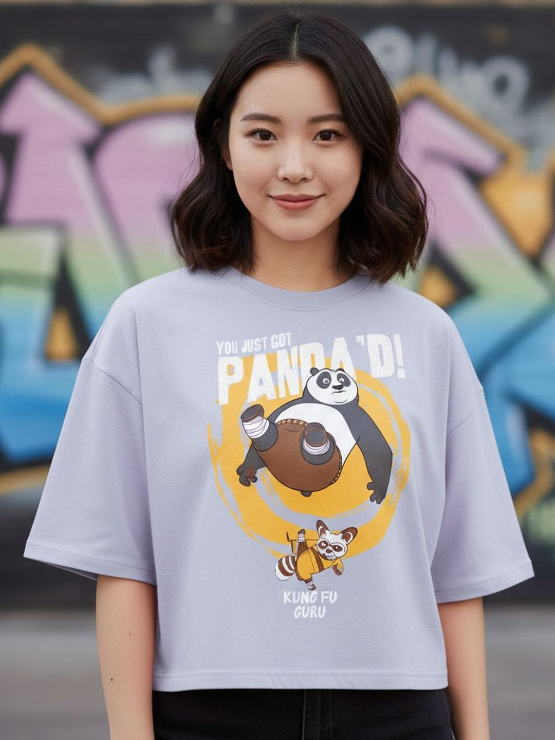 UG Fashion Women Kung Fu Panda Printed Drop-Shoulder Sleeves T-shirt