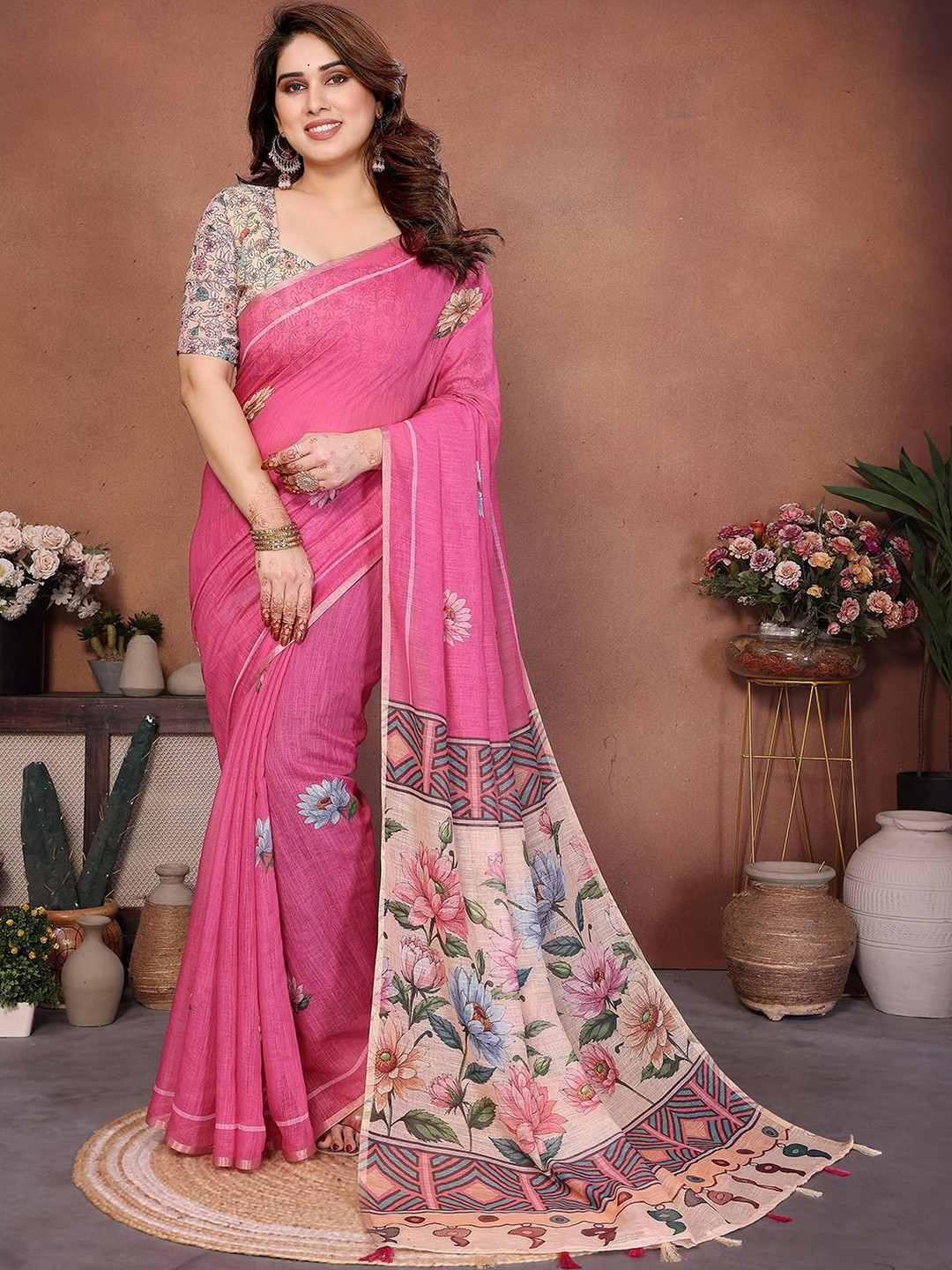ANAND SAREES Lightweight Floral Printed Cotton Blend Sarees