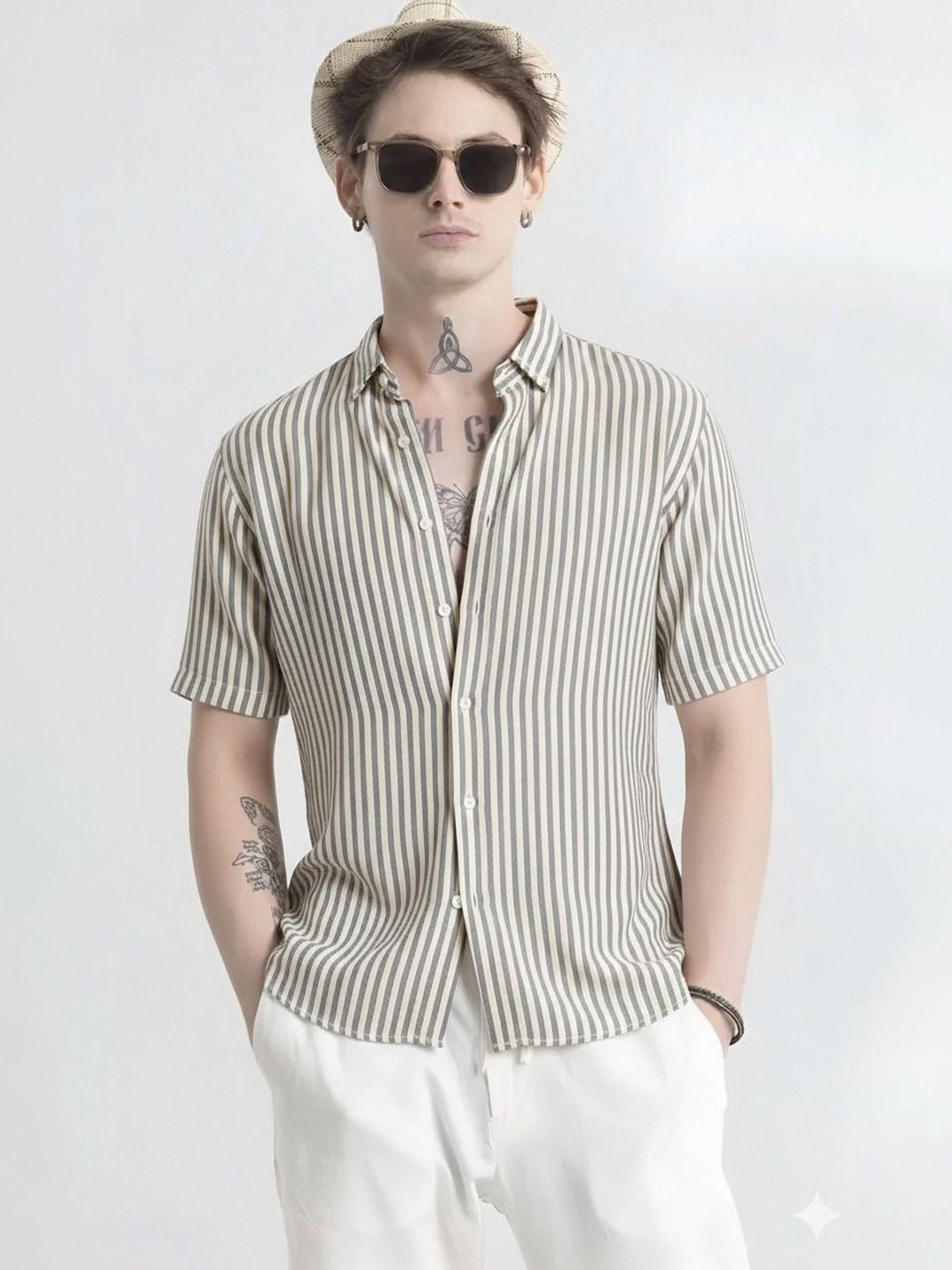 TIGER SNAKE Men Striped Spread Collar Short Sleeves Shirt