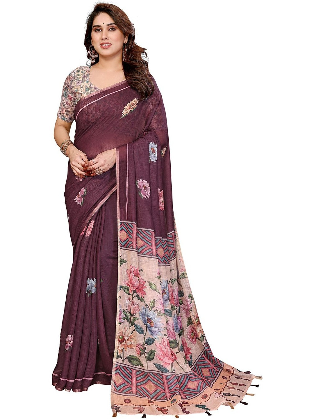 ANAND SAREES Lightweight Floral Printed Cotton Blend Sarees