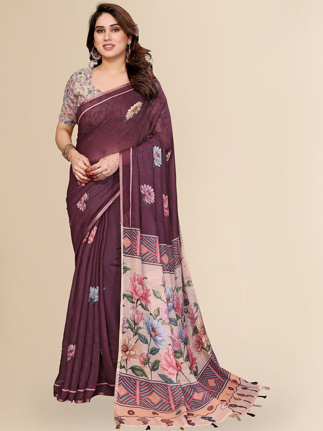 ANAND SAREES Lightweight Floral Printed Cotton Blend Sarees