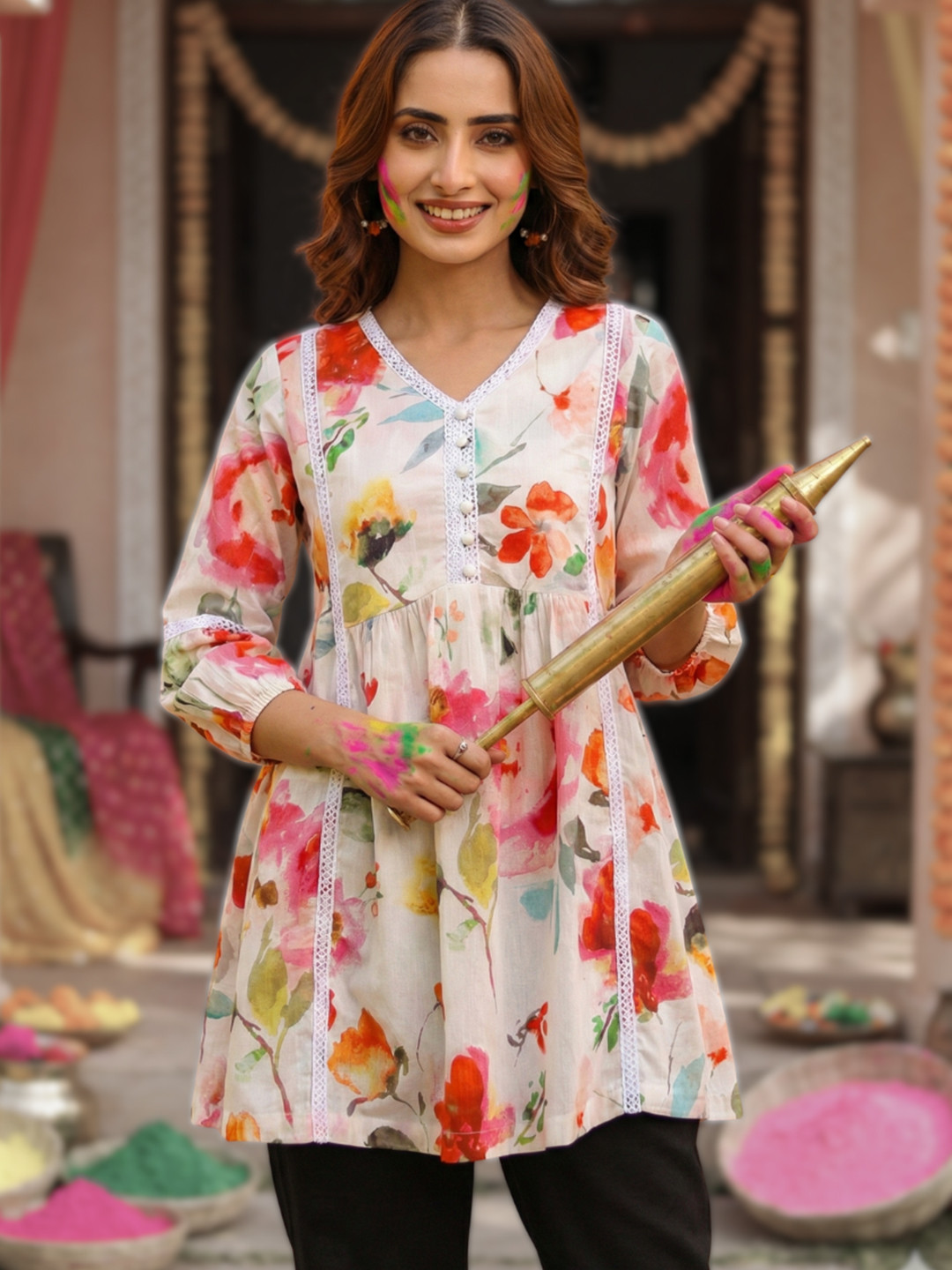 Rain & Rainbow Women Floral Printed Three-Quarter Sleeves Cotton Top