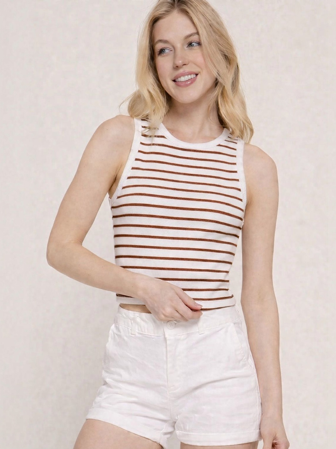 ADBUCKS Horizontal Stripes Striped Round Neck Crop Tank Top