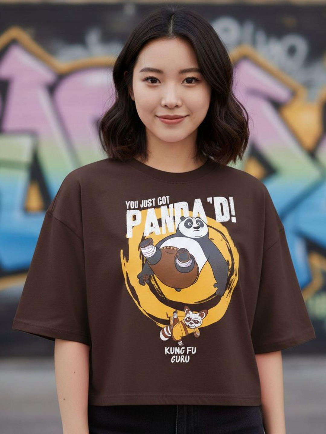 UG Fashion Women Kung Fu Panda Printed Drop-Shoulder Sleeves T-shirt