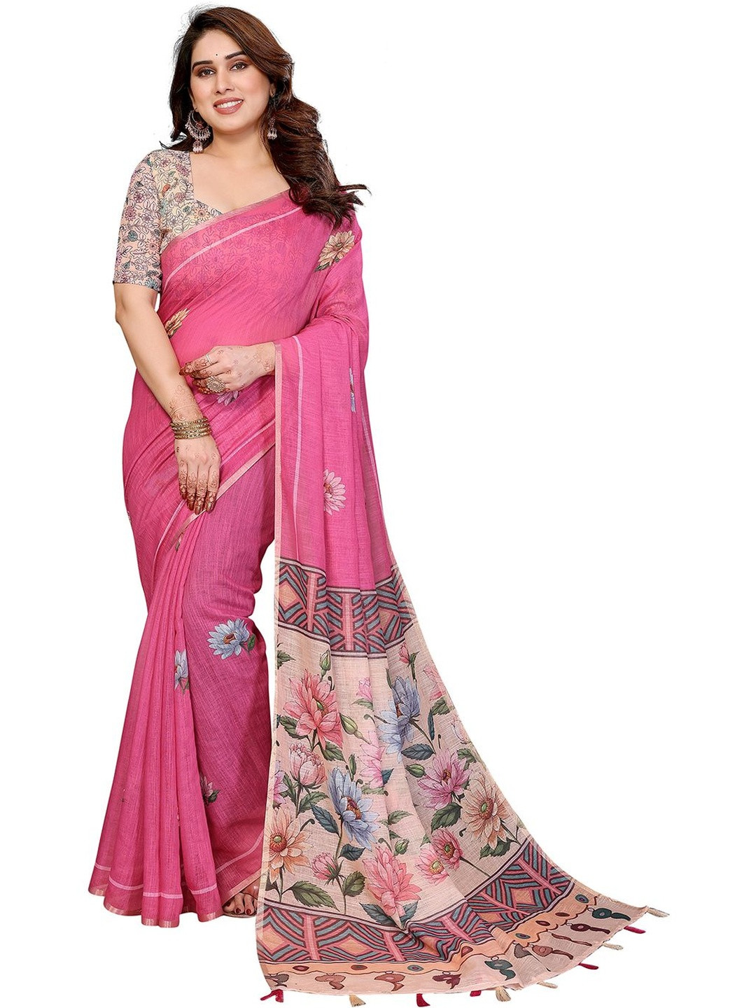 ANAND SAREES Lightweight Floral Printed Cotton Blend Sarees
