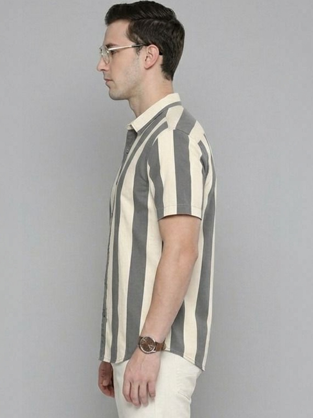 TIGER SNAKE Men Striped Spread Collar Cotton Short Sleeves Shirt