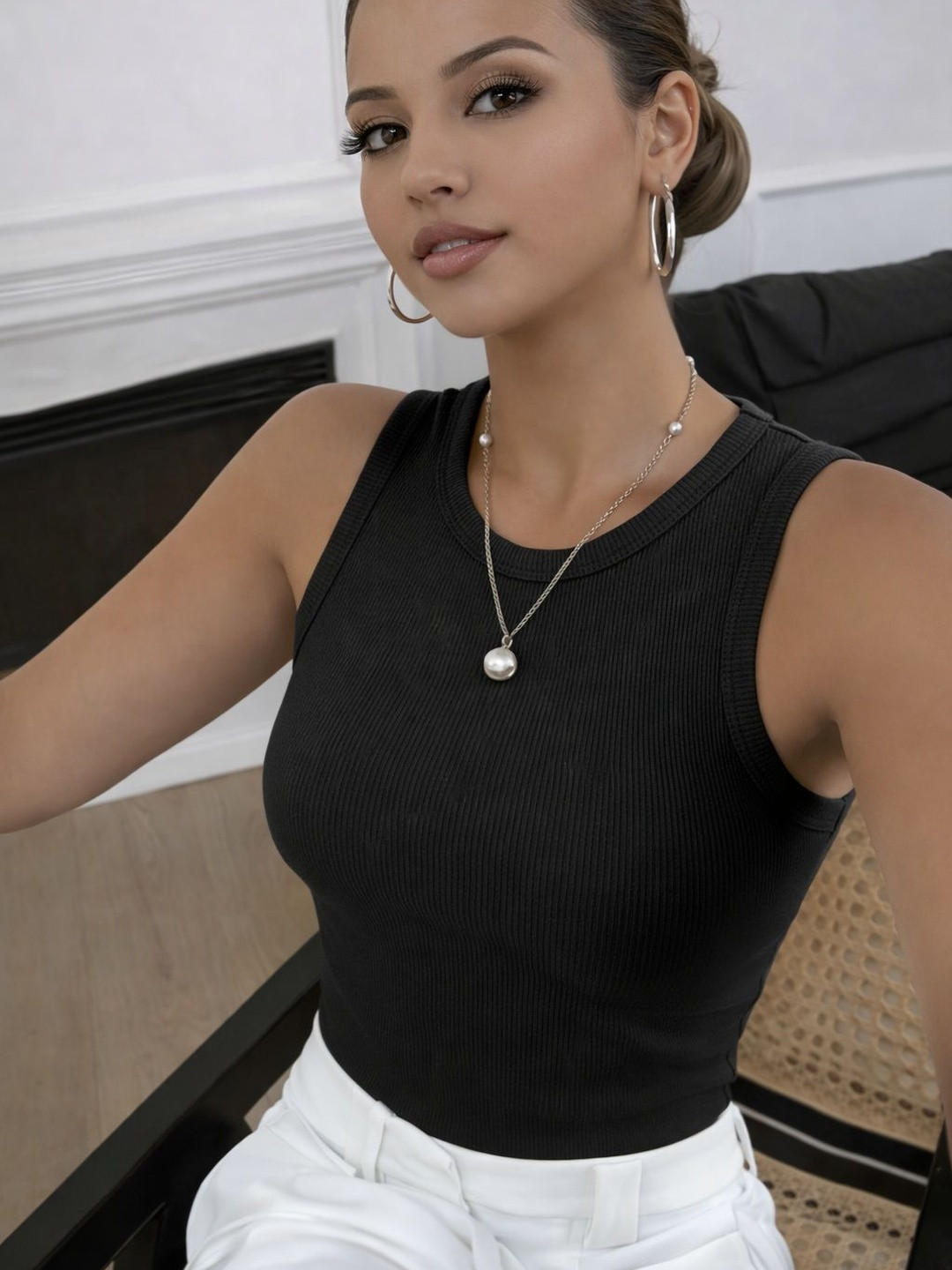ADBUCKS Ribbed Round Neck Sleeveless Tank Top