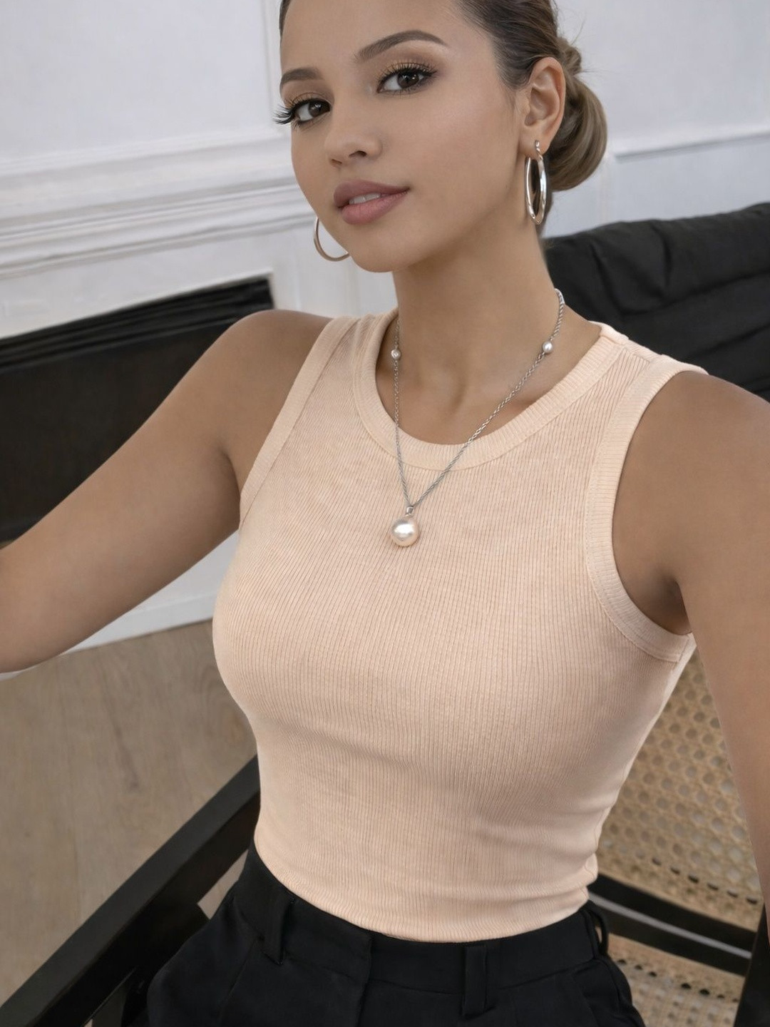 ADBUCKS Ribbed Round Neck Sleeveless Tank Top