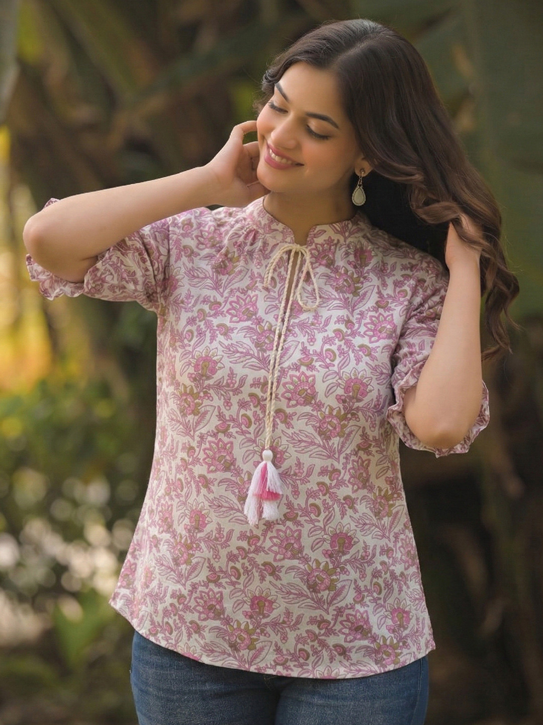 Anouk Rustic Floral Print Tie-Up Neck Puff Sleeve Ruffles Top