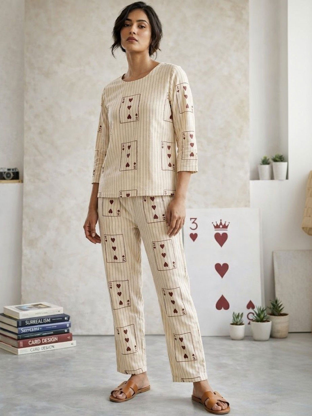 PARIKSHIT Checks Printed Round Neck Three-Quarter Sleeves Top with Trousers