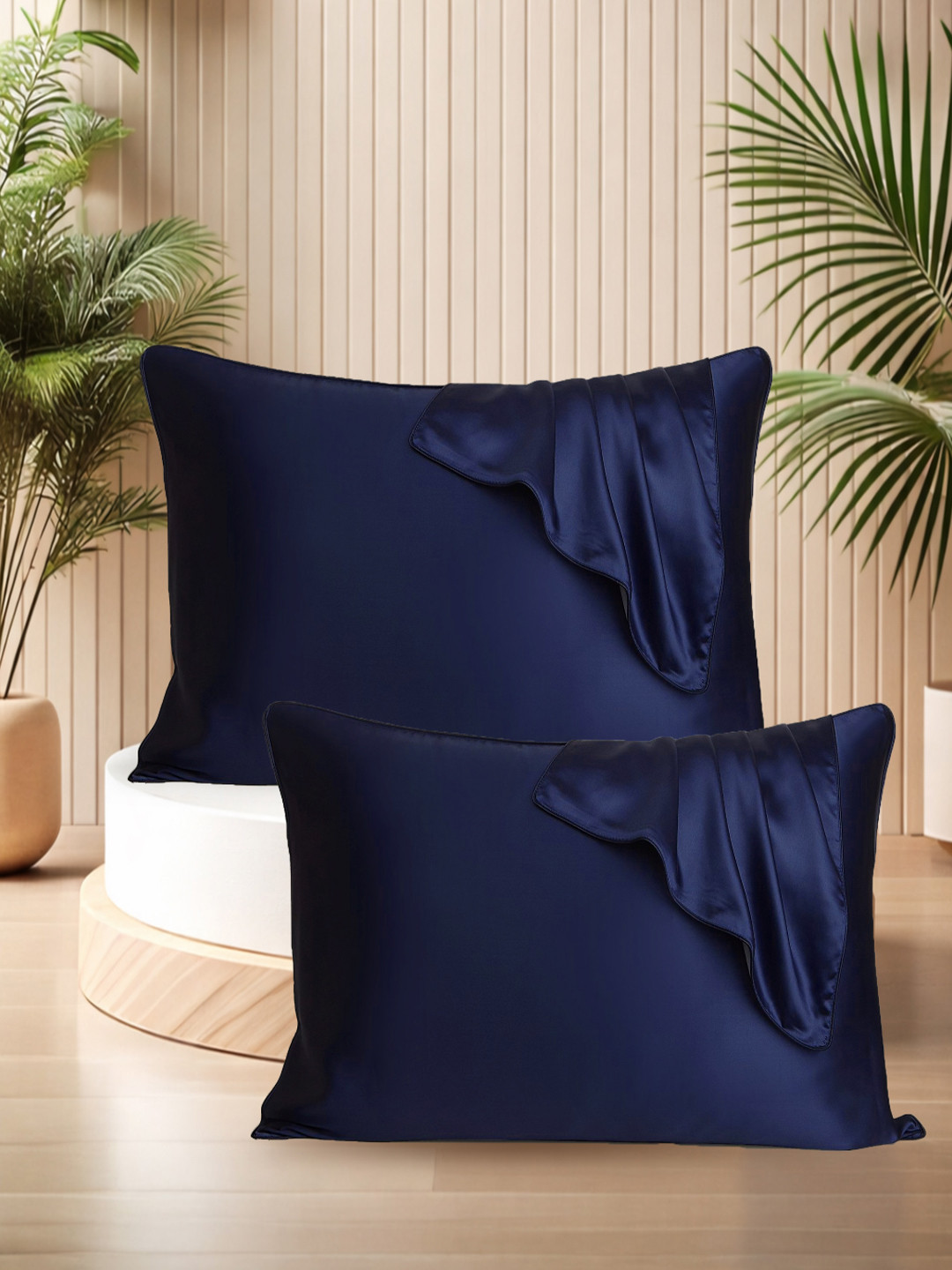 Sittella Pack of 2 Navy Blue Pure Silk Rectangle Pillow Covers