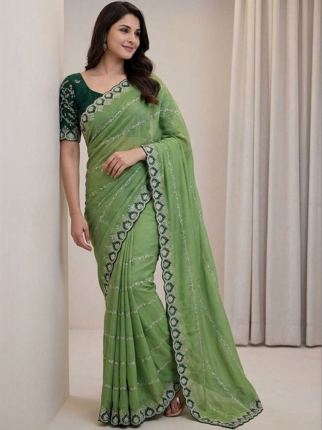 Elite Fashion Striped Embroidered Pure Georgette Heavy Work Saree