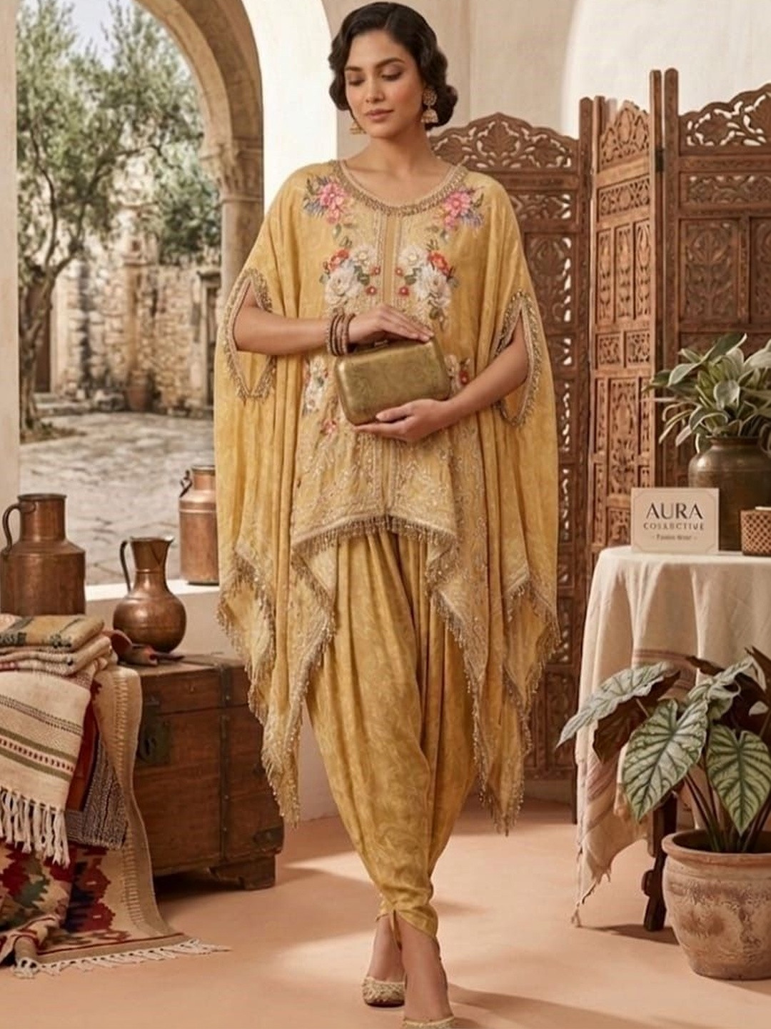 PIRRA DESIGNS Floral Print Kimono Sleeve Crepe Kaftan Dress