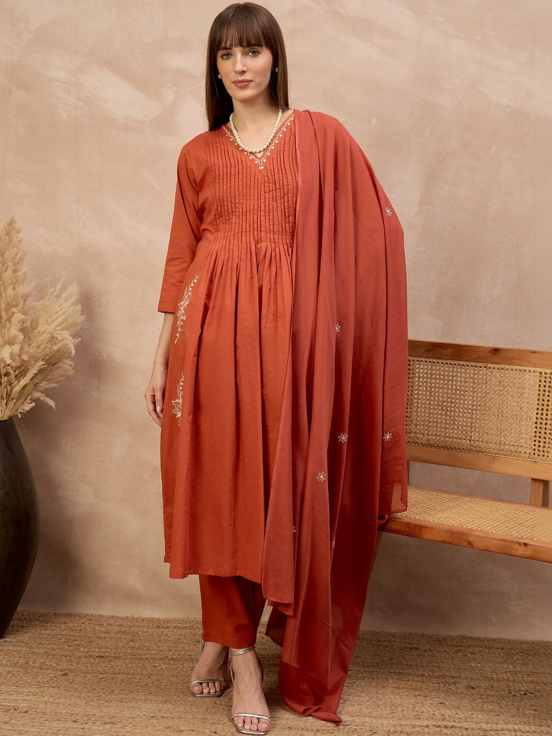 all about you Women Embroidered Pleated Pure Cotton Kurta with Trousers & With Dupatta