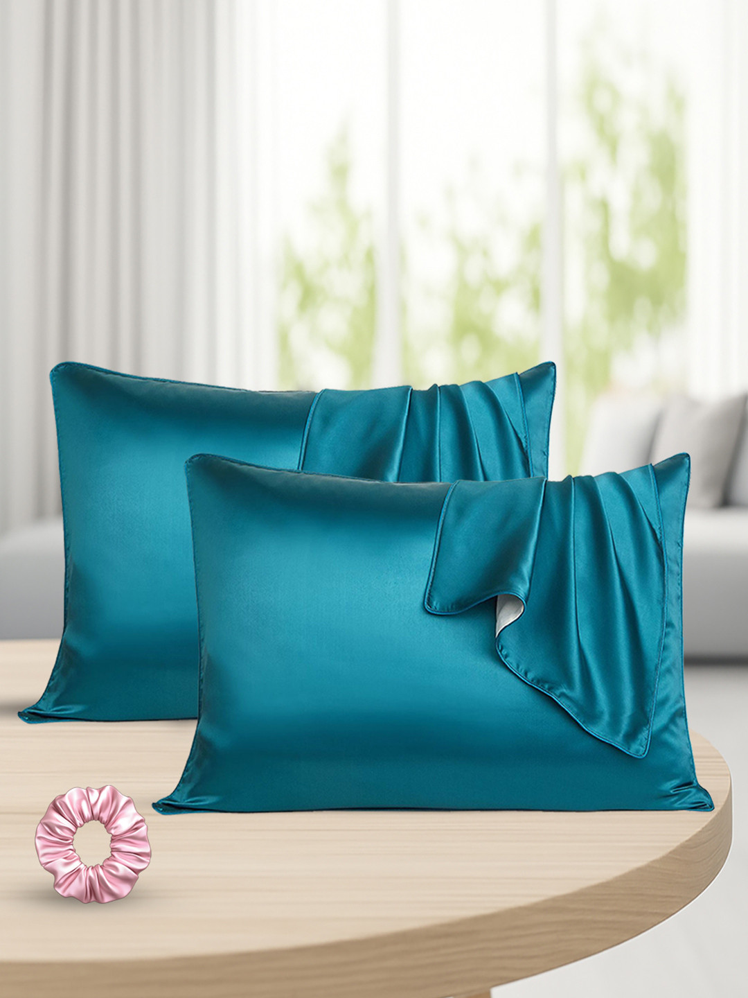 GRISHVA Pack Of 2 Teal Solid Pure Silk Rectangle Pillow Covers
