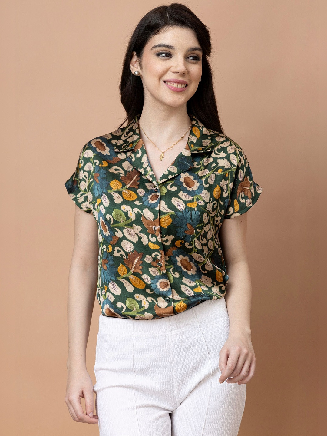 PURYS Women Smart Floral Printed Casual Satin Shirt