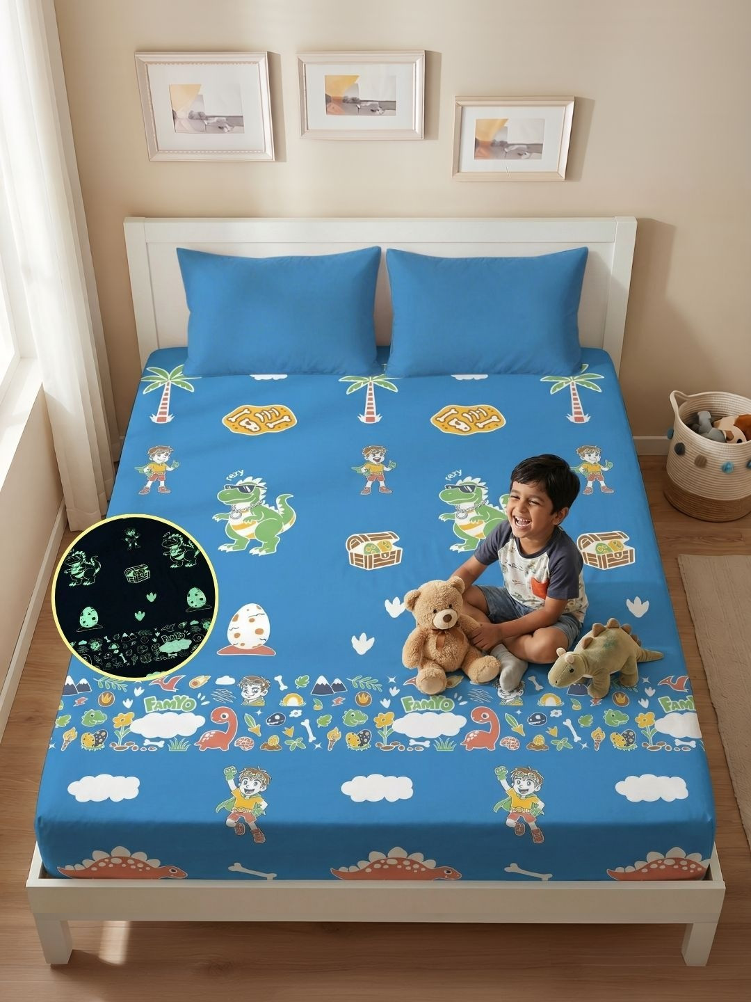 Famyo Blue Cartoon Characters 300 TC King Bedsheet with 2 Pillow Covers