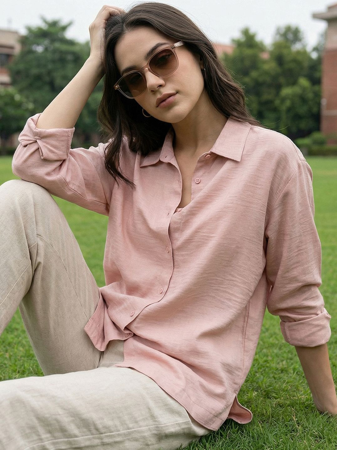 Bewakoof Women's Dusty Pink Textured Oversized Shirt