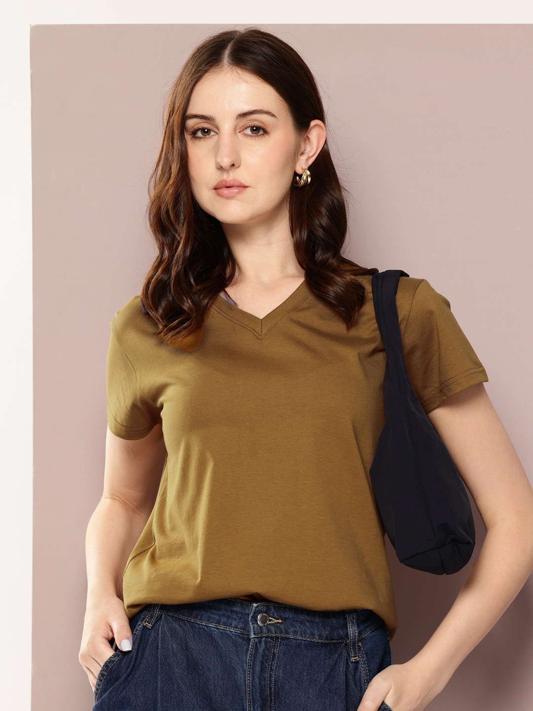 DILLINGER Women Short Sleeve Solid V-Neck Regular Fit Tshirt