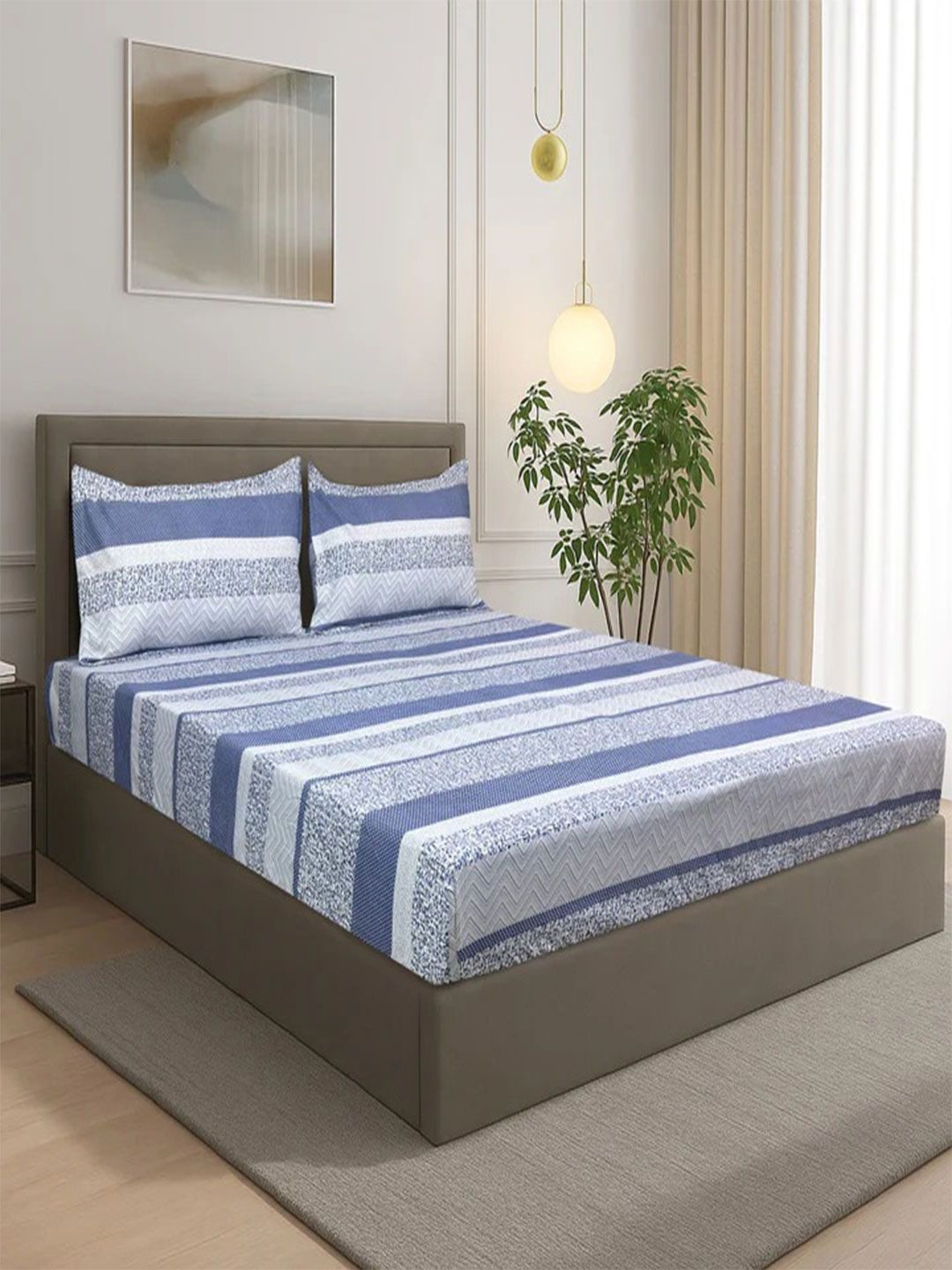 Signature Blue Striped 210 TC Bedsheet with 2 Pillow Covers