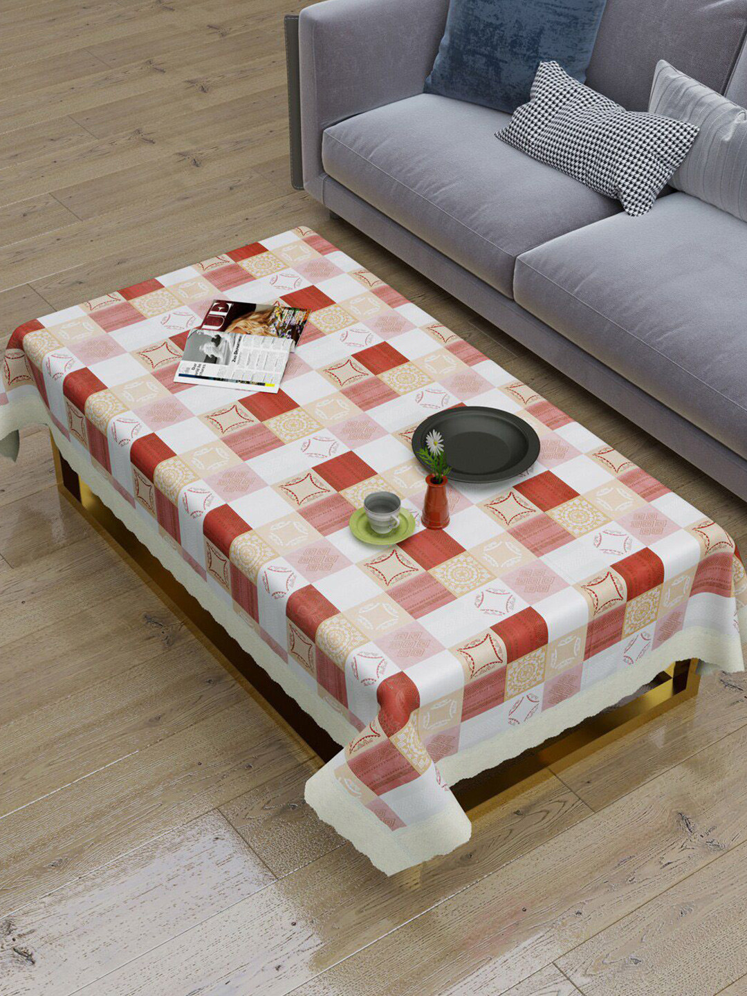 Clasiko White & Maroon Printed 2-Seater Rectangle Table Cover