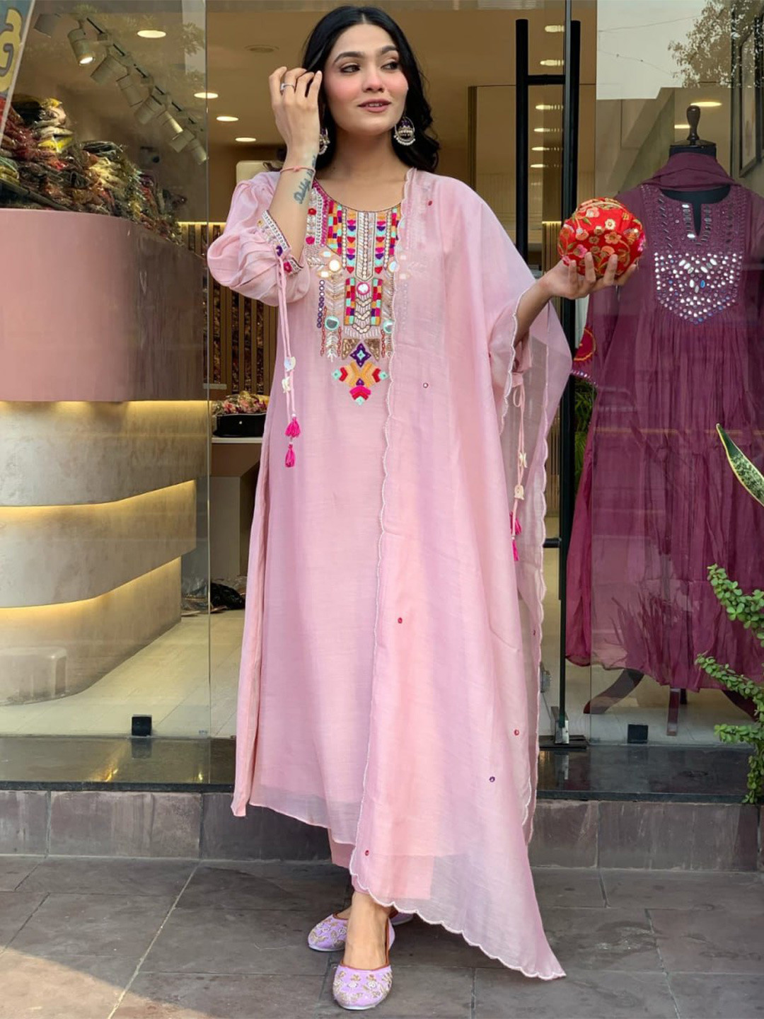 MITUDAY Women Embroidered Regular Mirror Work Kurta with Palazzos & With Dupatta
