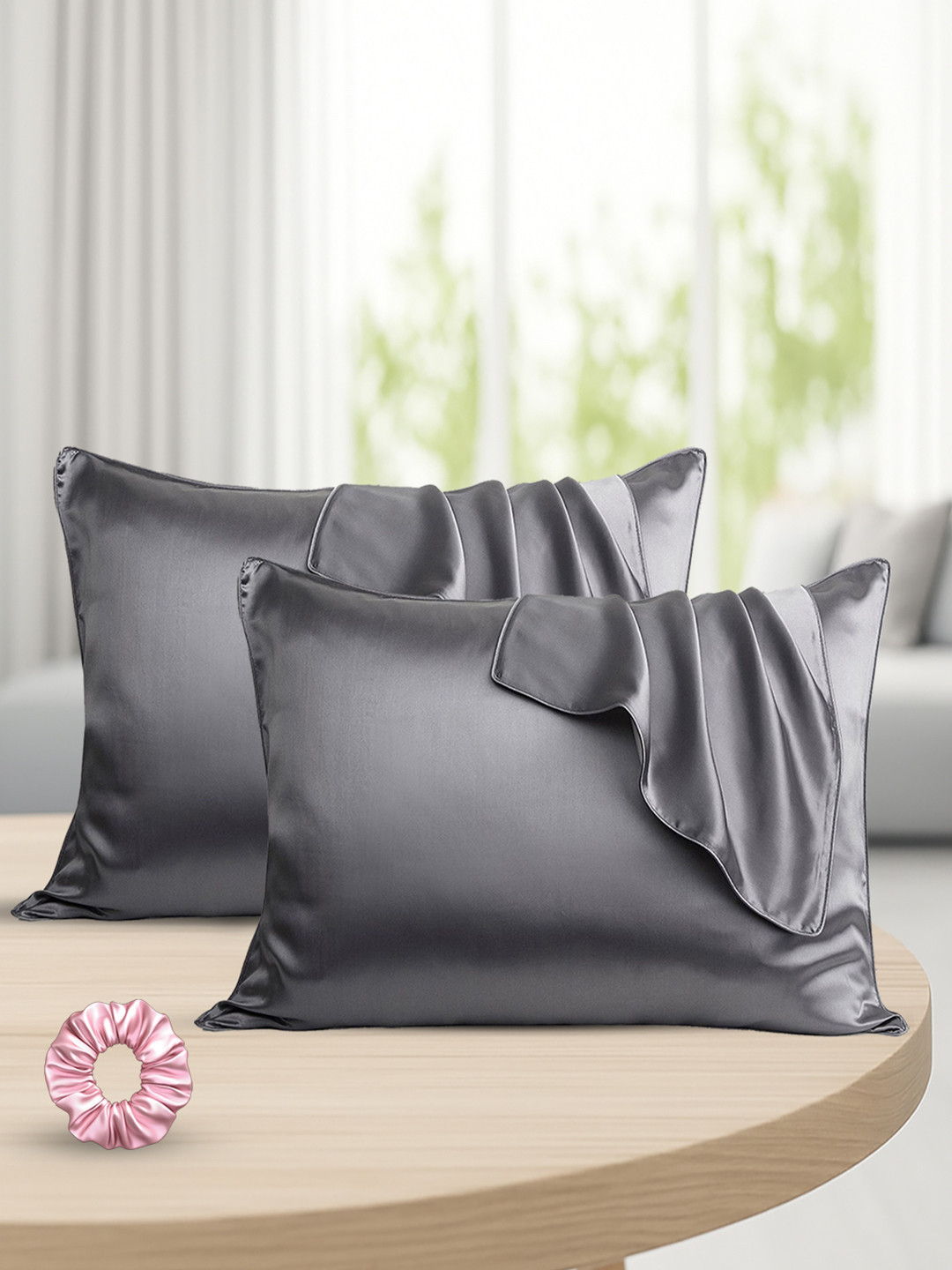 GRISHVA Grey Pack Of 2 Solid Silk Rectangle Pillow Covers