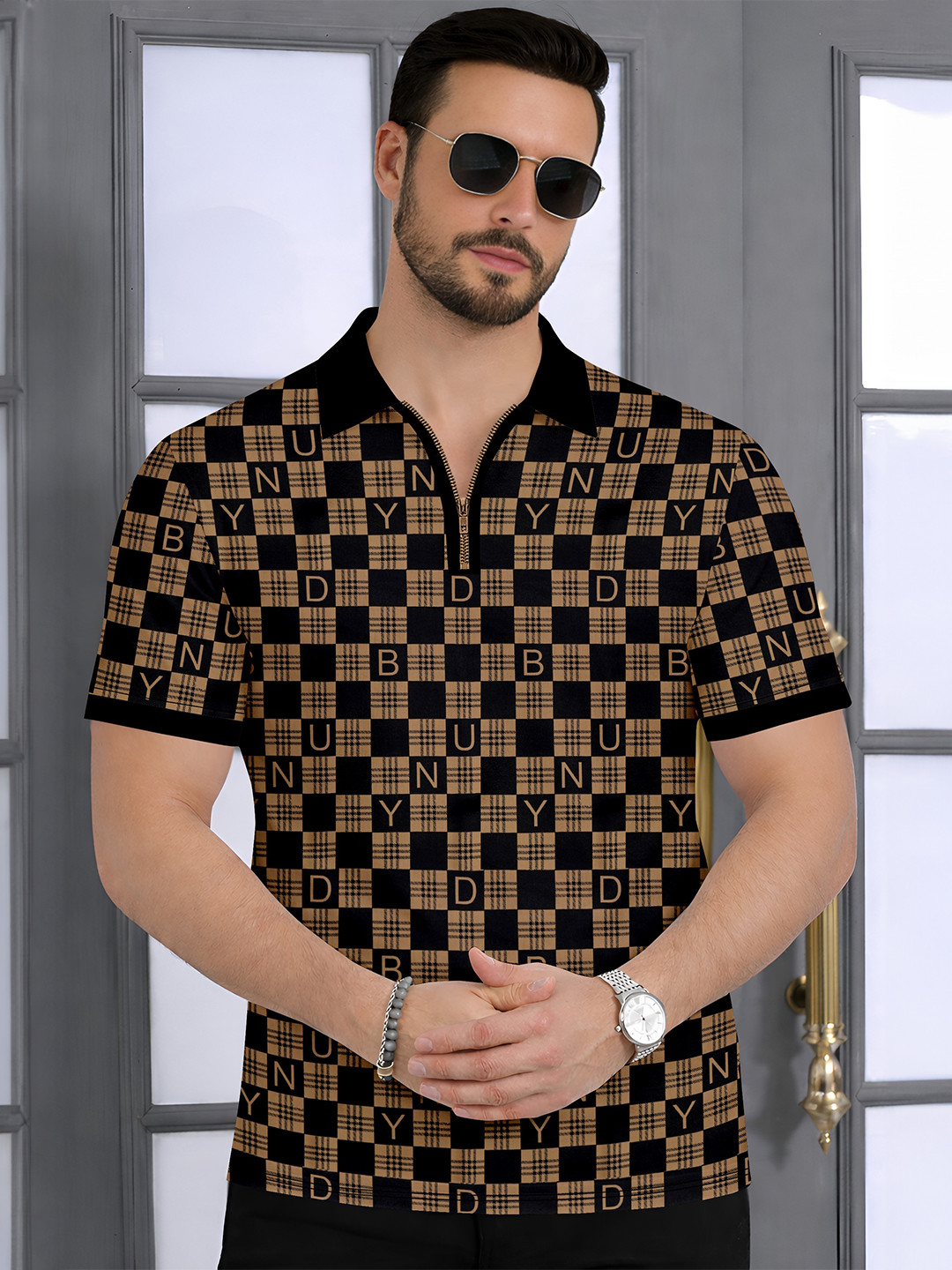 Brown and Black Checked Polo Collar T-shirt