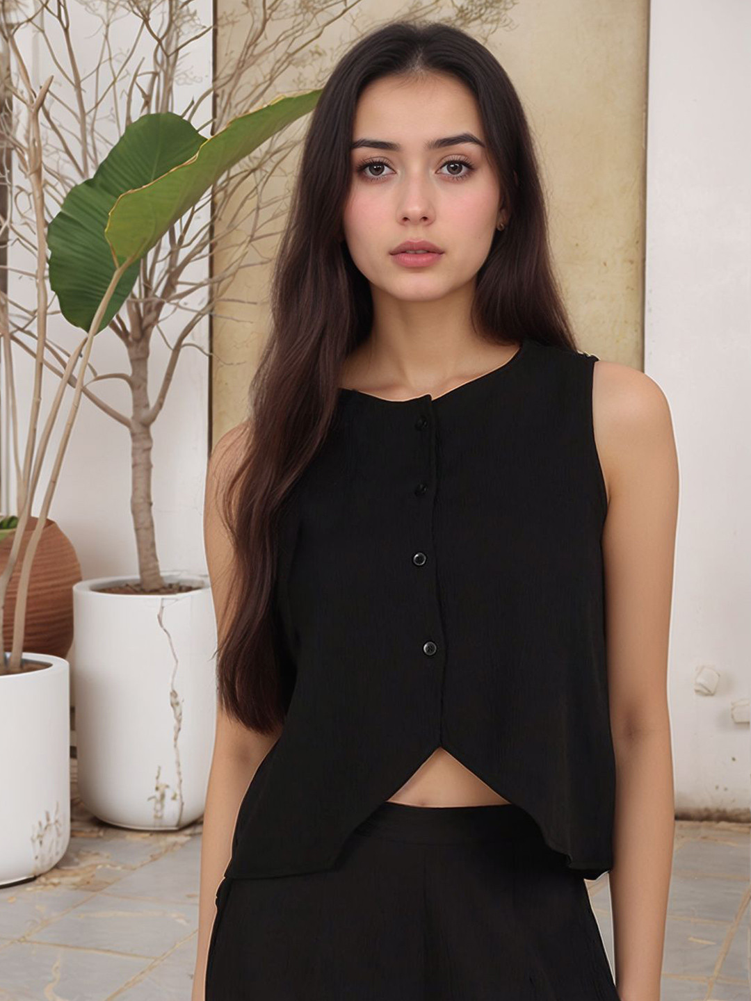 Murcia Crepe Round Neck Sleeveless Crop Top