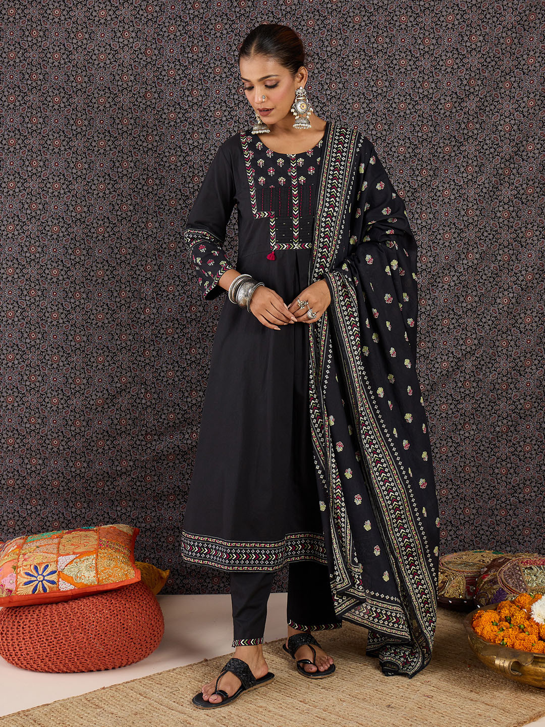 Indo Era Women Ethnic Motifs Printed Regular Sequinned Pure Cotton Kurta with Trousers & With Dupatta