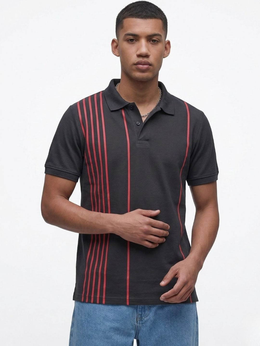 CLUB 44 Men Striped Polo Collar T-shirt