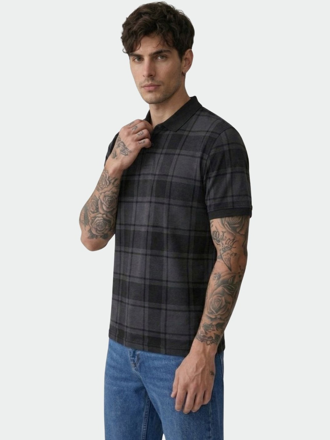 Charcoal Checked Polo Collar T-shirt for Men