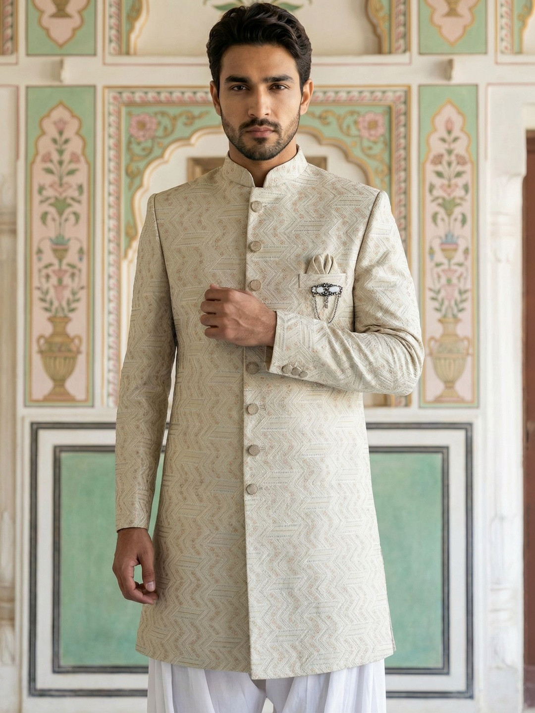 Jompers Embroidered Mandarin Collar Sherwani